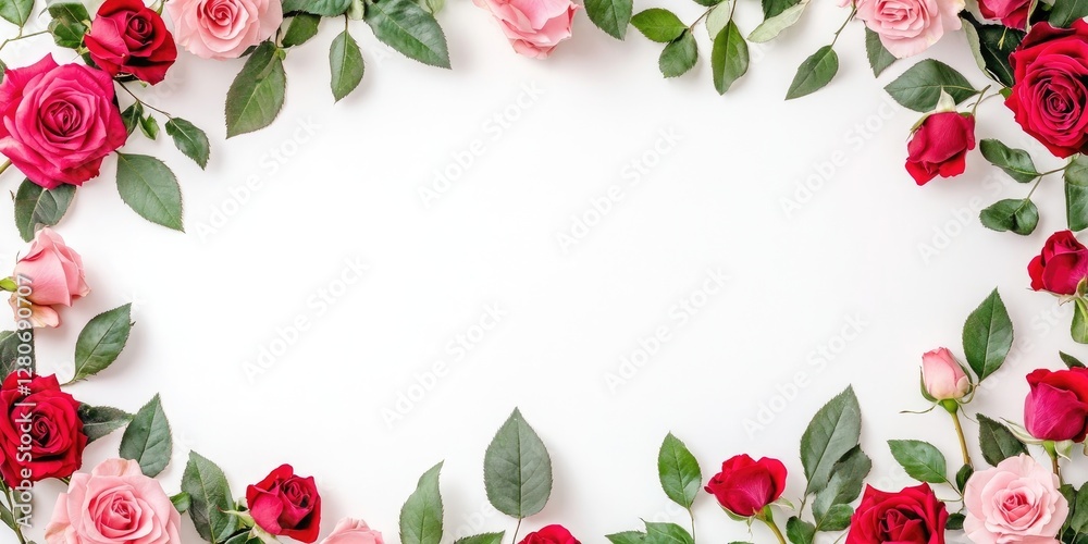 Poster roses in varying shades of red and pink arranged in an elegant border on a clean white background cr