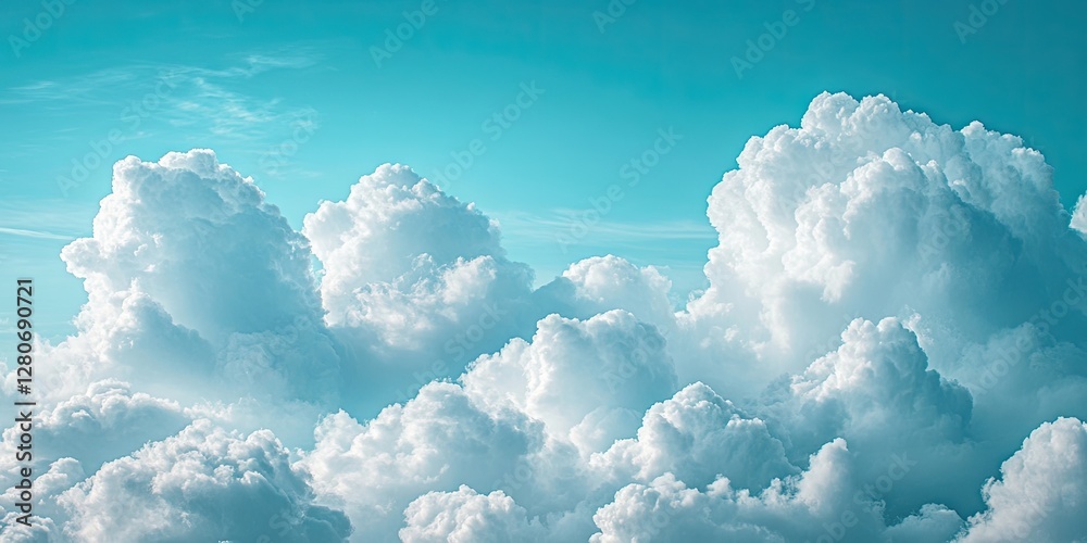 Poster Fluffy white clouds densely packed in the upper third, contrasting gently with a vibrant blue sky in the background, creating a serene atmosphere.