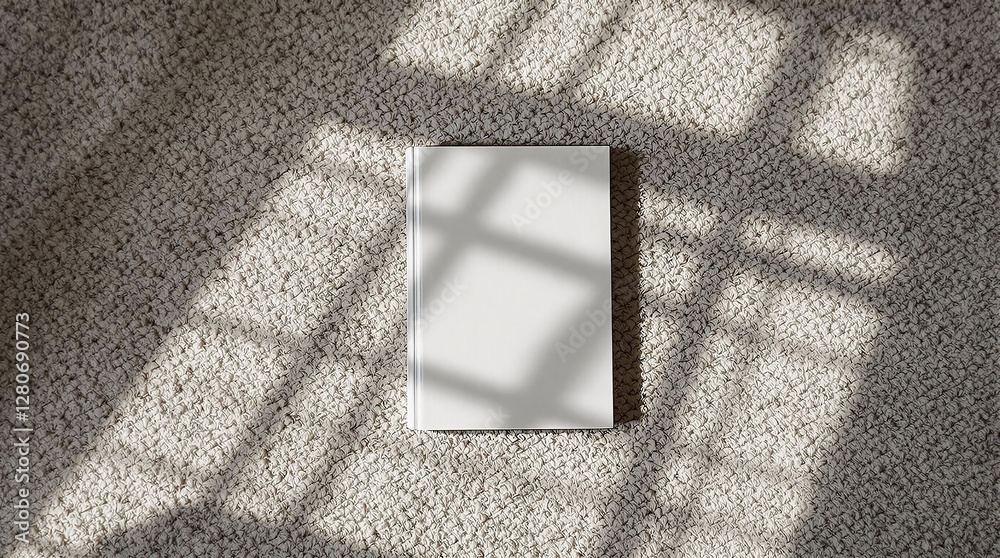 Poster a white book, placed on a textured surface, the window casts a pattern of light and shadow across th