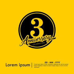 3rd years anniversary celebration emblem. black anniversary logo isolated with handwriting and ribbon on yellow background. vector illustration template design for web, flyers, poster, greeting card