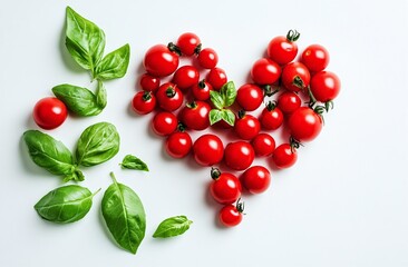 Fresh Red Cherry Tomatoes Shaped Like Heart with Green Basil Leaves on White Background for Healthy Eating Concept