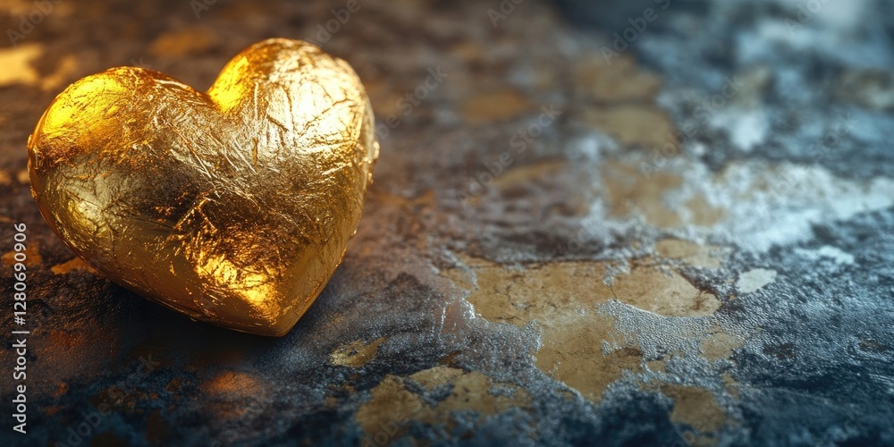 Leinwandbilder gold heart sculpture resting on a textured dark stone surface with glowing highlights reflecting lig