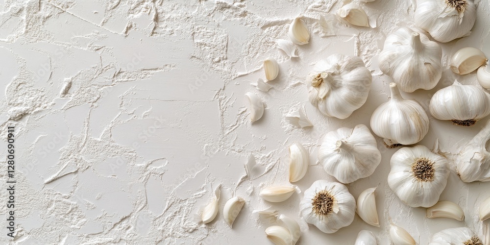 Poster arrangement of whole garlic bulbs and cloves on a textured white surface with soft shadows highlight