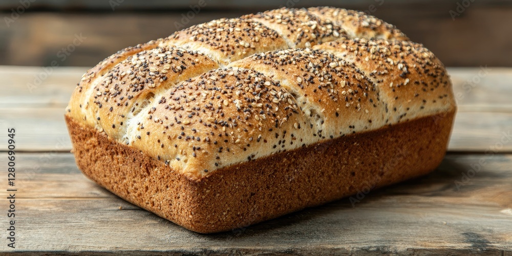 Poster multigrain bread loaf with a textured golden crust topped with seeds placed on a rustic wooden surfa