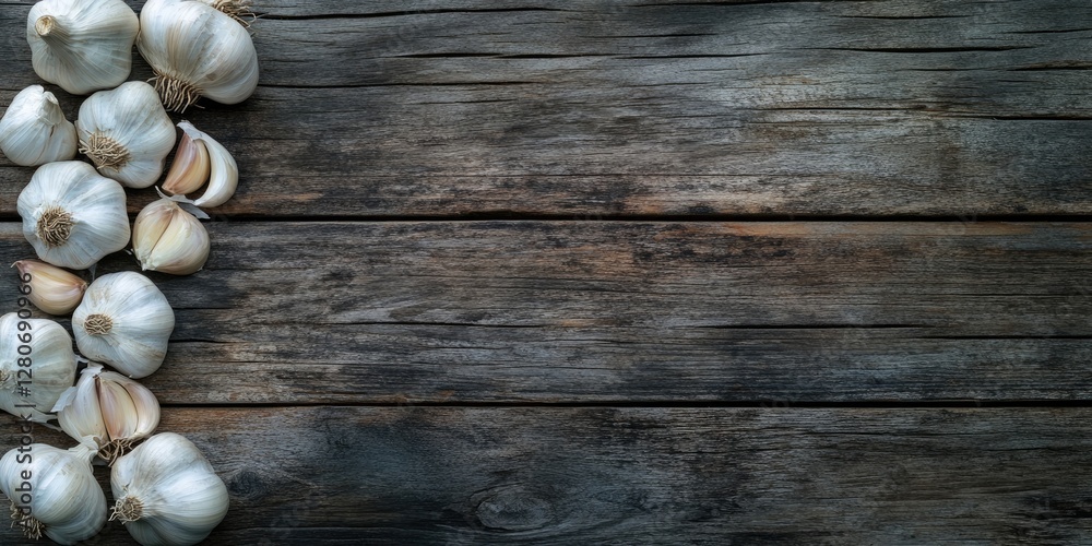 Poster Garlic cloves on rustic wooden surface arranged diagonally from bottom left creating negative space for text on the right side.