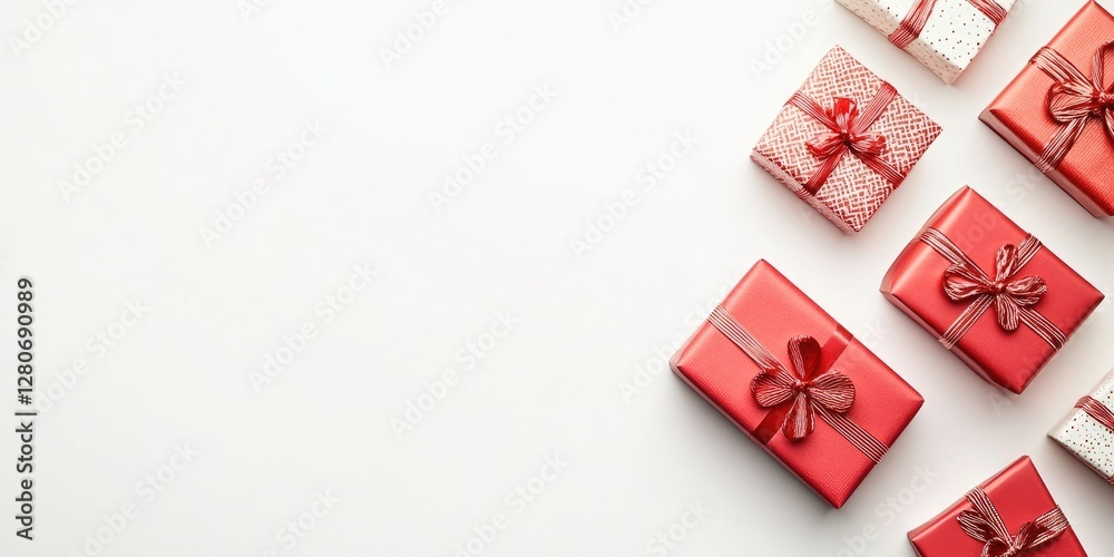 Poster Red and white gift boxes with bows arranged on a white background featuring ample space for text in a horizontal layout for postcard design
