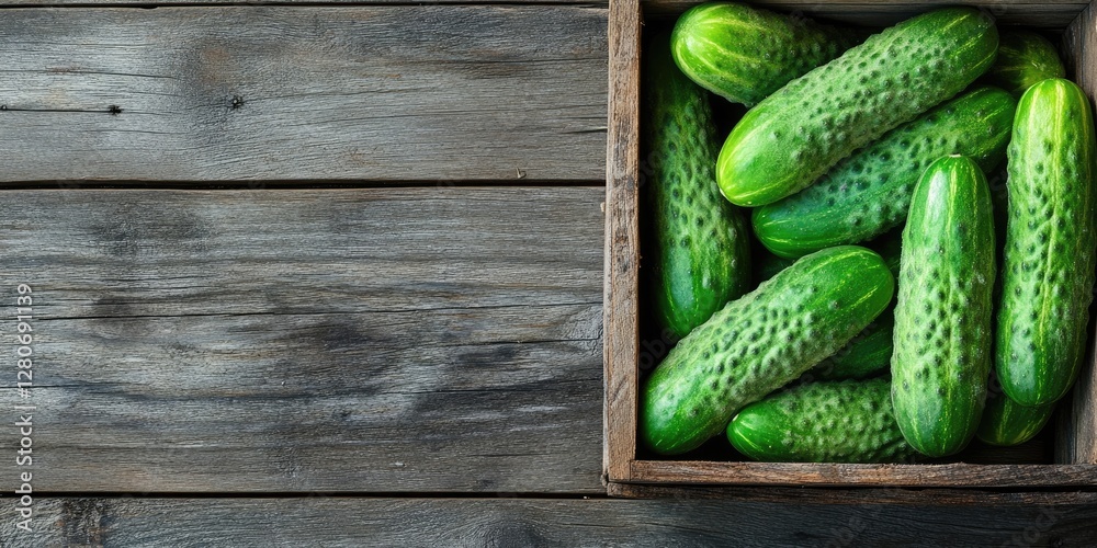 Aufkleber fresh green cucumbers in a rustic wooden box on a textured dark wooden surface top view ample space 