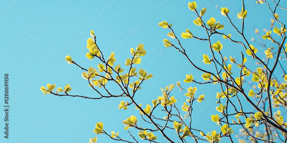 Aufkleber vibrant green spring leaves emerging on slender branches against a bright turquoise sky creating a l