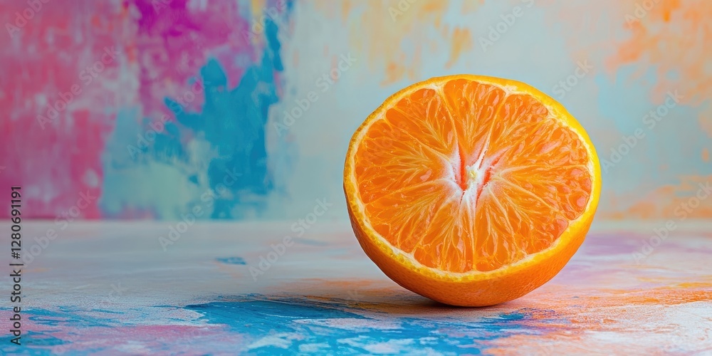 Poster vibrant orange tangerine half on a colorful abstract backdrop featuring blue and pink splashes posit
