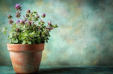 Terracotta Pot with Fresh Green Herbs and Purple Flowers on Rustic Textured Background for Gardening Concept
