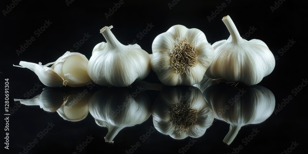 Poster fresh garlic bulbs and cloves arranged linearly on a black reflective surface showcasing white textu