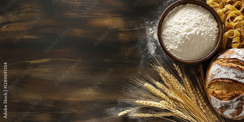 Aufkleber homemade bread and pasta with bowl of flour and wheat ears on dark wooden surface top view natural c