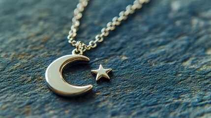 A delicate moon and star charm necklace, resting on a deep galaxy blue background
