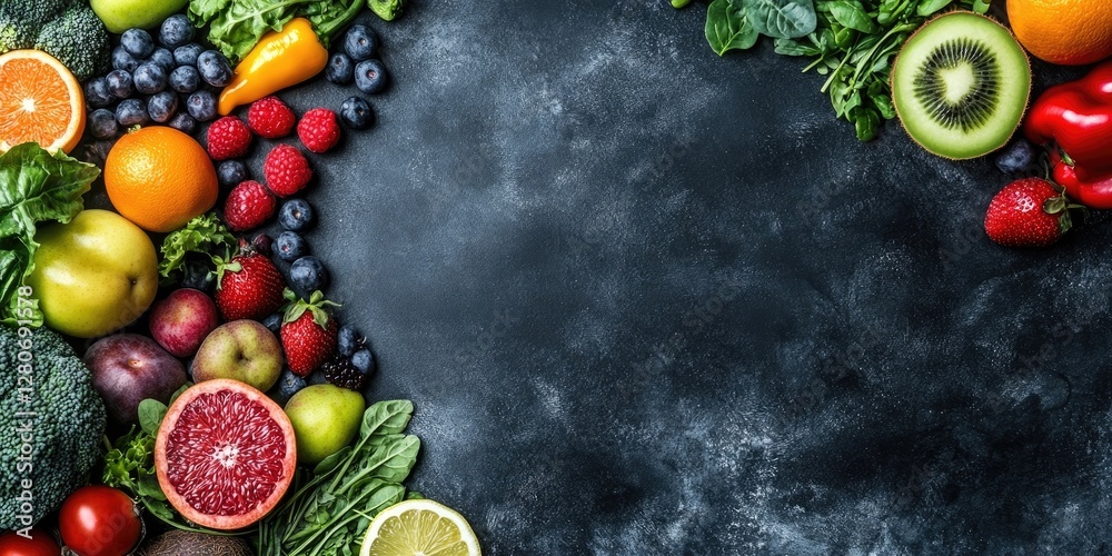 Poster Vibrant assortment of fresh fruits and vegetables in a circular arrangement on a dark textured background with ample space for text at the center
