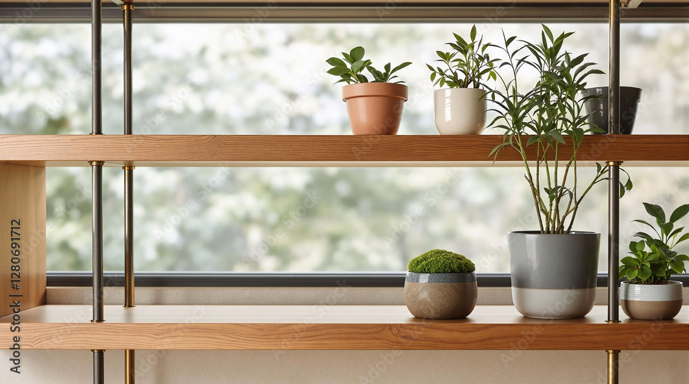 Fototapete a wooden shelf adorned with several potted plants, set against a backdrop of a glass window that all