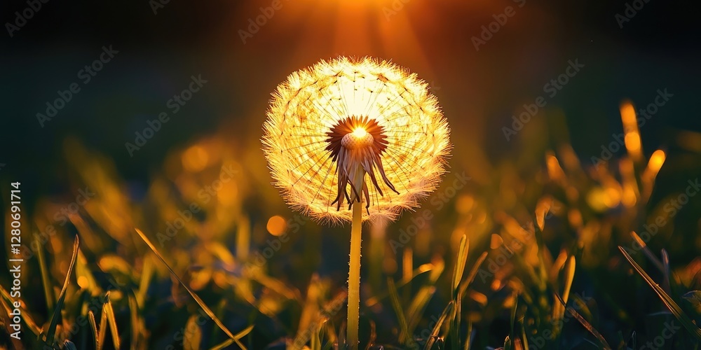 Poster dandelion clock illuminated by warm sunset light against green grass in the background creating a se