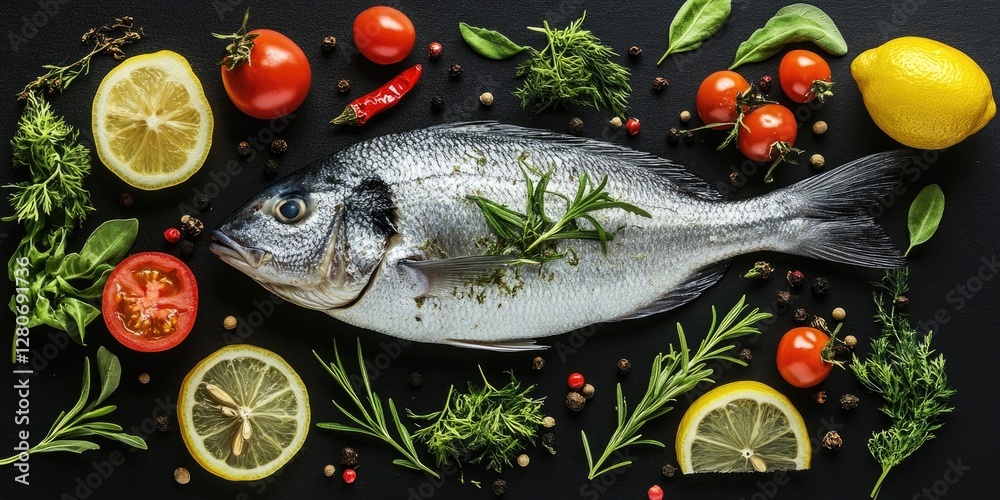 Poster fresh dorado fish on a black background with lemon slices red tomatoes green herbs and spices arrang