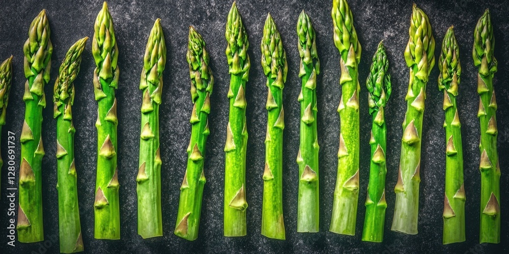 Poster vibrant green asparagus spears neatly arranged in a row on a dark textured surface showcasing their 