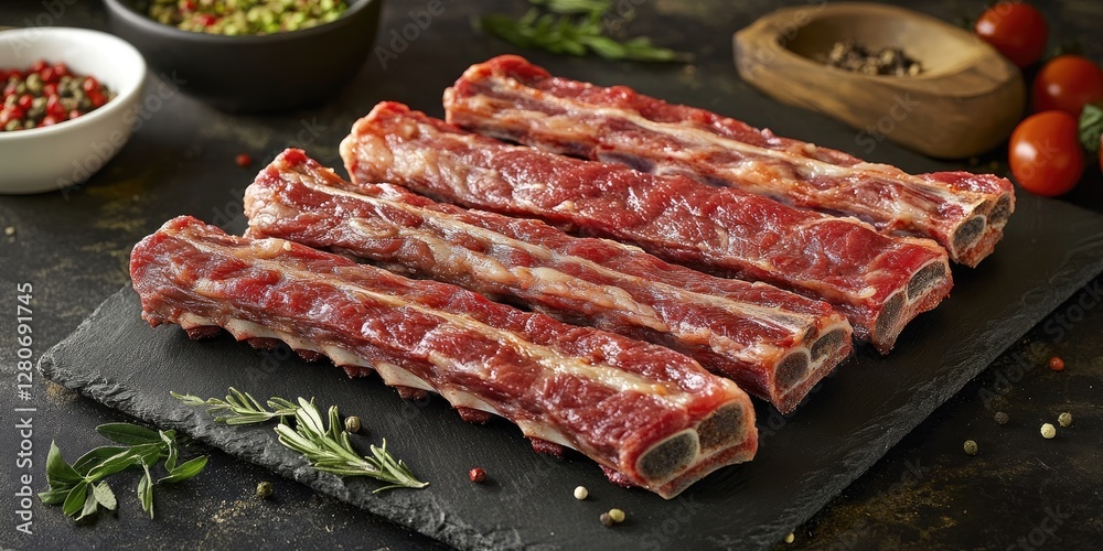 Poster fresh raw beef ribs displayed on a black slate board surrounded by herbs and spices with small bowls