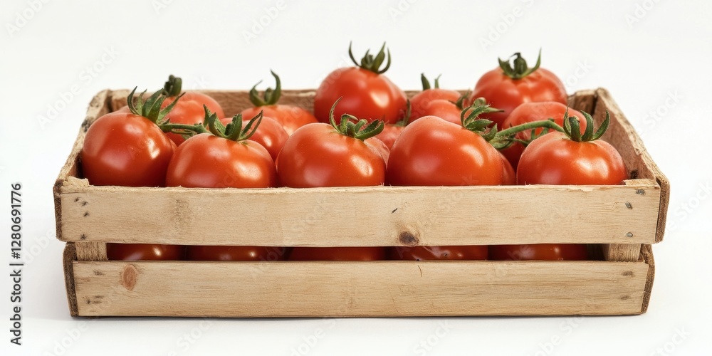 Poster vibrant red tomatoes in a rustic wooden basket against a clean white background emphasizing freshnes