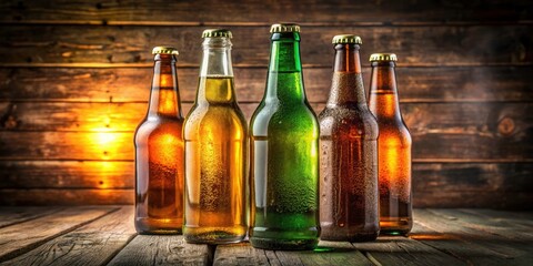 Rustic wood backdrop highlights a diverse selection of craft beer bottles, photographed using the rule of thirds.