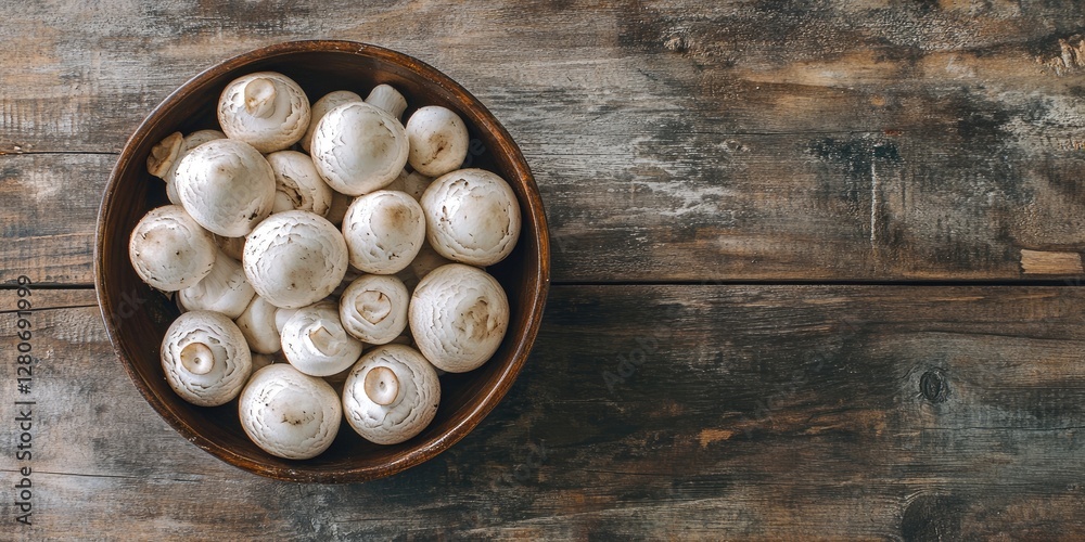 Poster fresh white champignon mushrooms in a brown wooden bowl centered on a rustic wooden surface with amp