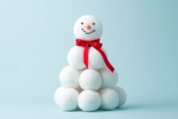 Stacked White Snowman with Red Bow on Light Blue Background for Winter Decoration and Holidays