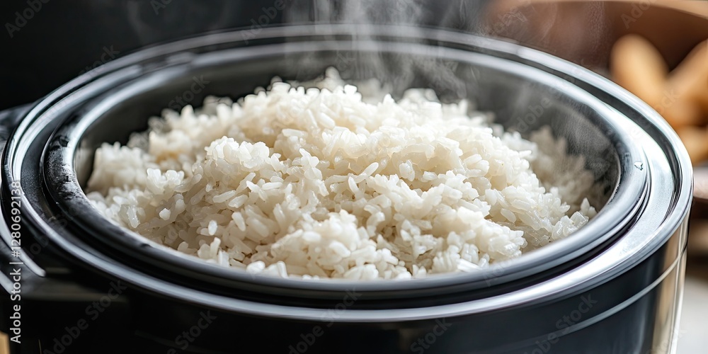 Poster freshly cooked steaming white rice in a black rice cooker with a soft focus background featuring woo