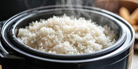 Freshly cooked steaming white rice in a black rice cooker with a soft focus background featuring wooden utensils on a rustic table.