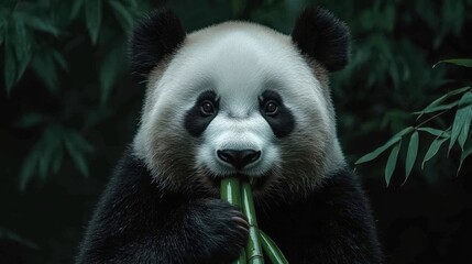 Fototapeta premium A detailed image of a giant panda chewing bamboo, with its black and white fur and facial expressions vividly portrayed.