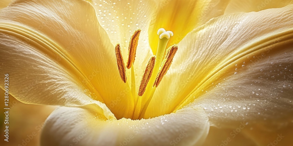 Poster close-up of a delicate yellow lily flower with raindrops on petals highlighting intricate details of