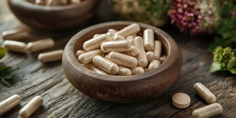 Natural herbal supplements in wooden bowls with golden capsules scattered on rustic wood, surrounded by greenery and dried flowers.