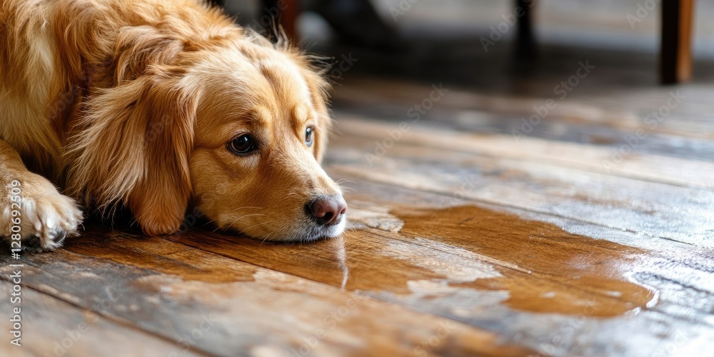 Poster Golden retriever resting on wooden floor with wet patches reflecting light in warm tones, creating a cozy indoor atmosphere.