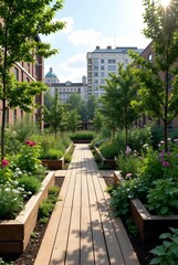 A narrow wooden walkway lined with planter boxes filled with flowers and greenery, in an urban rooftop garden setting