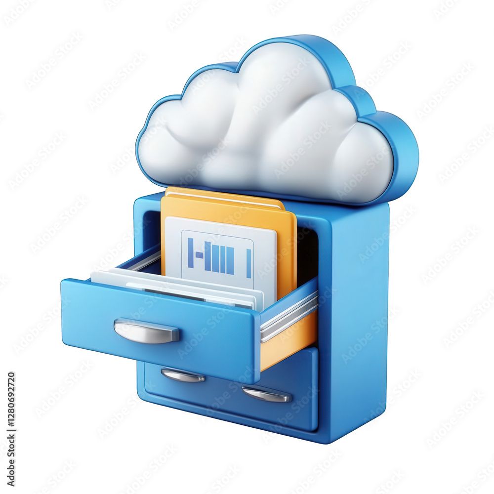Poster files stored in folders, concept of cloud data storage
