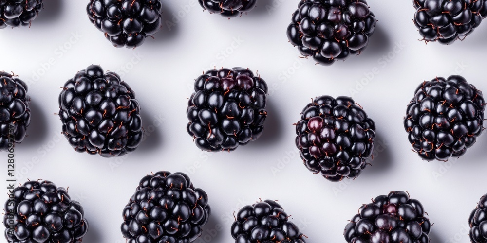 Poster juicy ripe blackberries scattered on a light gray background with glossy surfaces and rich dark purp