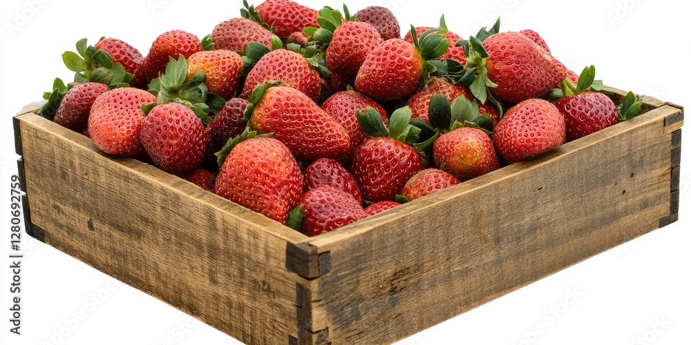 Poster fresh red strawberries piled in a rustic wooden crate with green leaves, positioned at the center of