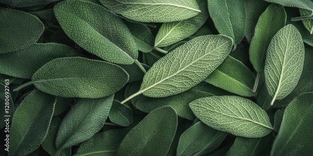 Poster fresh green sage leaves in varying shades of green with intricate vein patterns, closely layered and