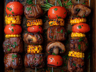 Fototapeta premium A close-up shot of an assortment of vegetable skewers grilling on a barbecue, showcasing the vibrant colors and appetizing char marks, symbolizing outdoor cooking and healthy eating.