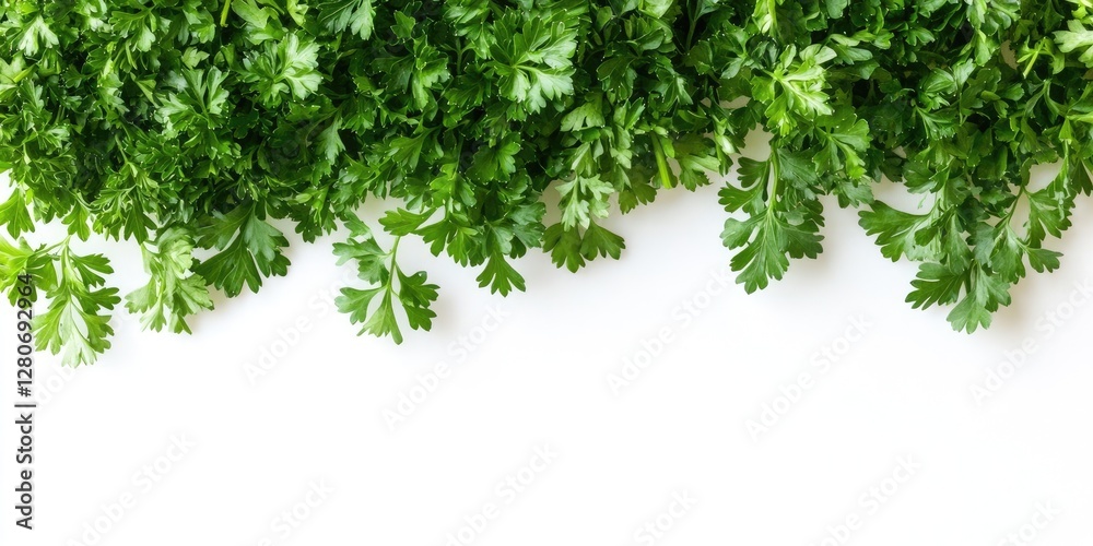 Poster fresh green cilantro leaves arranged neatly on a white background with vibrant green shades creating