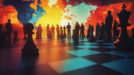 Abstract 3D chess pieces morphing into country silhouettes in a diplomatic summit room with global risk heat maps projected on walls, casting dramatic shadows under cinematic lighting