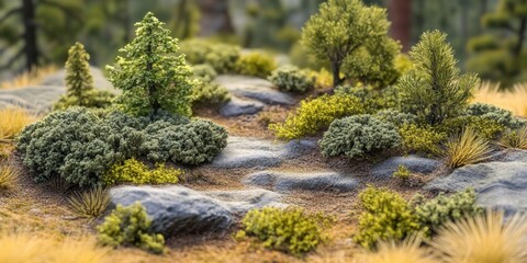 Fototapeta premium Miniature Sierra Nevada terrain showcasing a lush diverse pine forest with unique bushes and stones against a textured ground in natural greens and browns.