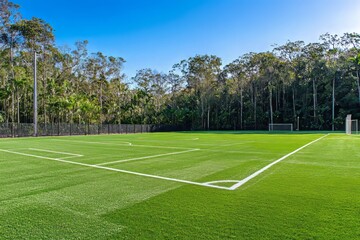 Lush Green Soccer Field Surrounded by Dense Forest Landscape