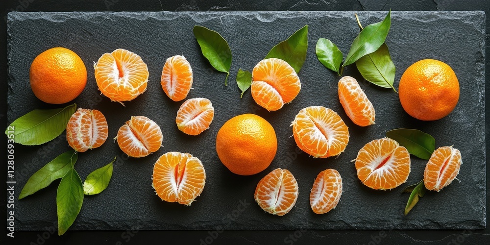 Aufkleber fresh mandarin oranges and segments displayed artistically on a dark slate background with green lea