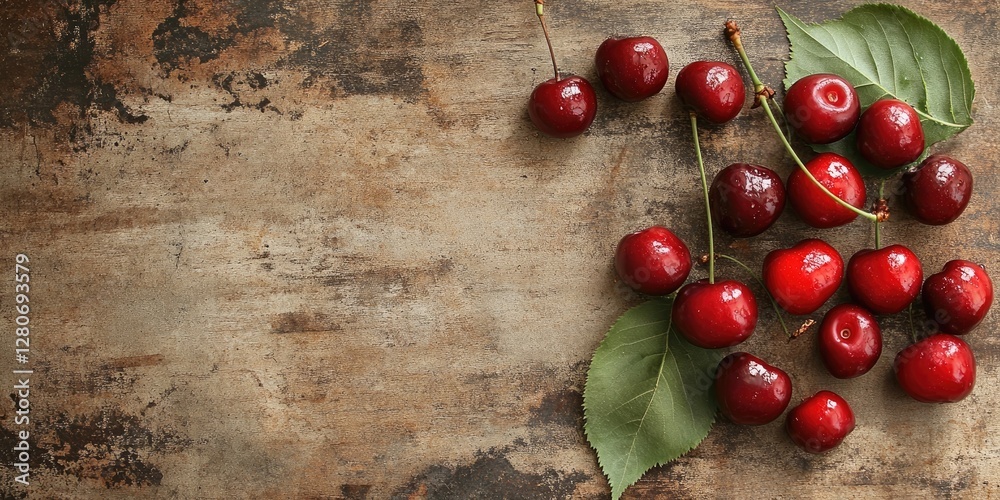 Poster fresh red cherries on a rustic wooden background with green leaves positioned on the left side enhan