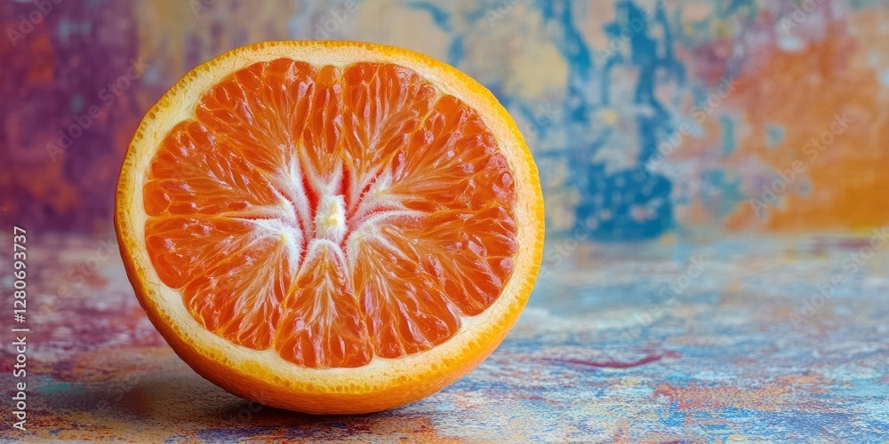 Poster Vibrant half of ripe tangerine with juicy segments displayed on textured colorful backdrop featuring orange, blue, and purple hues