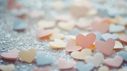 Obraz premium Pastel hearts scattered on glitter; Valentine's Day background