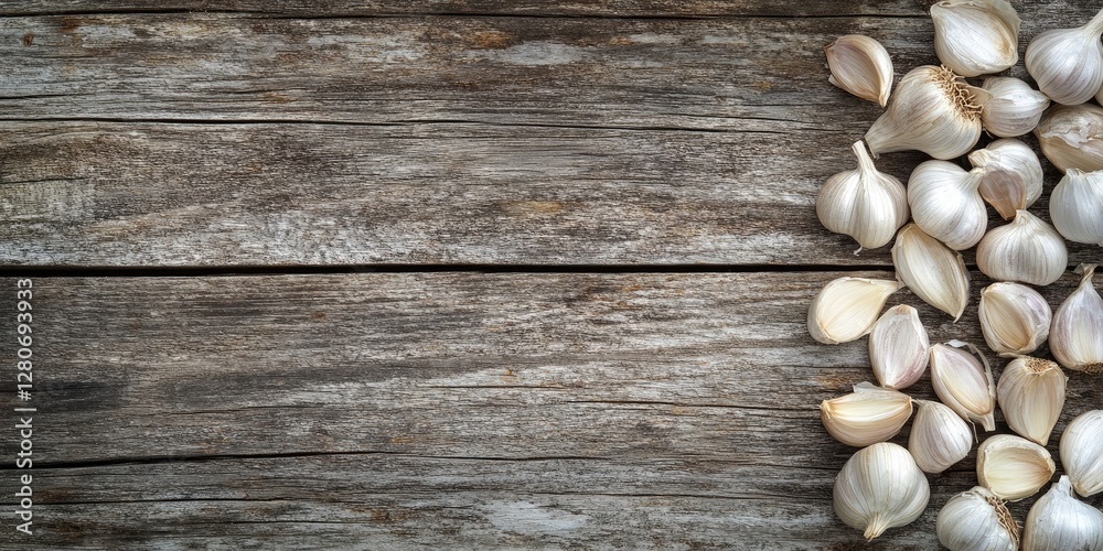 Poster Garlic cloves scattered on weathered wooden surface with ample negative space for text on the right creating a rustic culinary ambiance.