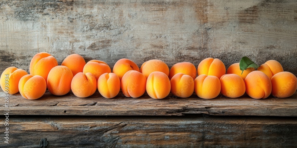 Poster Fresh apricots arranged in a neat row on a rustic wooden table with a textured grey background showcasing vibrant orange and green elements.