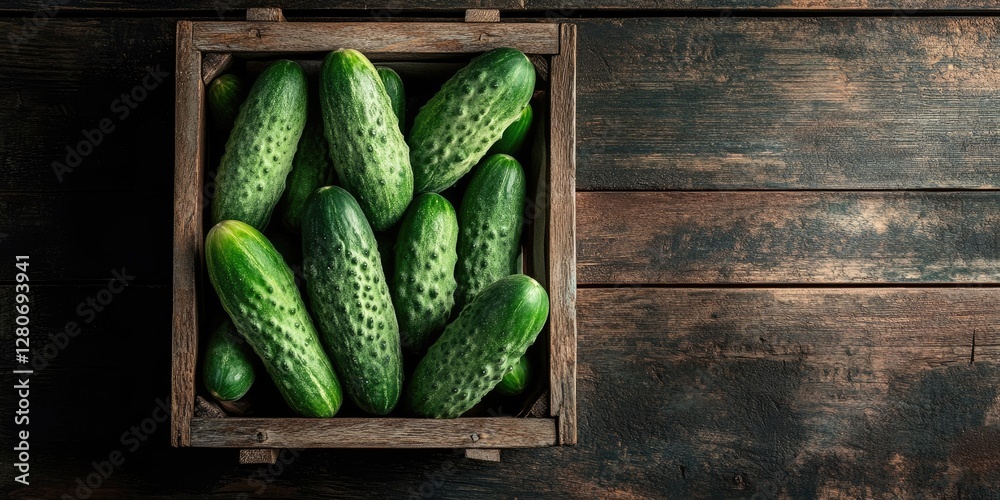 Poster fresh green cucumbers in a rustic wooden box surrounded by a dark wooden surface top view natural te